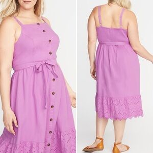 Old Navy Square Neck Button Front No-Peek Midi Dress in Berry Pink Purple Color